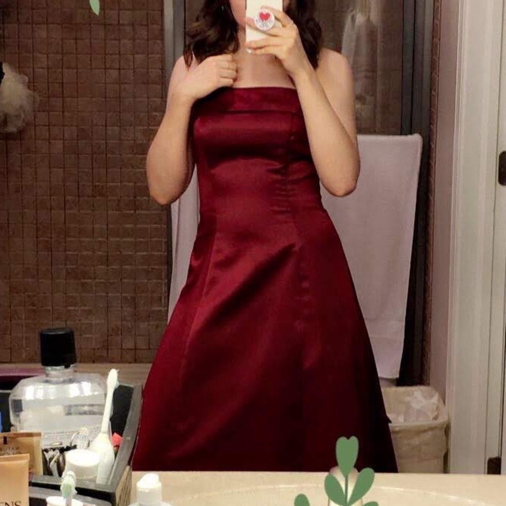 red satin strapless prom dress
